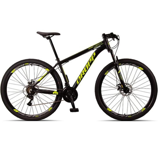Bicicleta 29 Dropp SL Sport 21V Câmbios Shimano Freio a Disco e Suspensão - Preto+Amarelo Menor preço em Bicicleta 29 Dropp SL Sport 21V Câmbios Shimano Freio a Disco e Suspensão - Preto+Amarelo