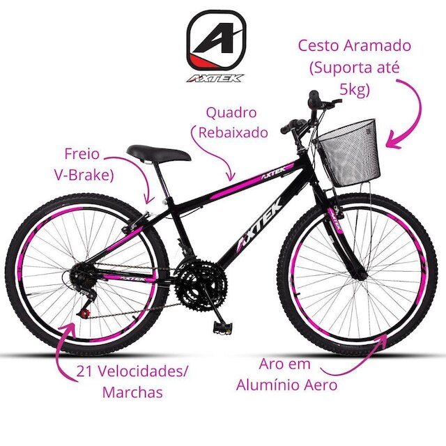 Bicicleta Aro 26 Axtek Sport Gold Rebaixado V-Brake Mtb 21V Feminina