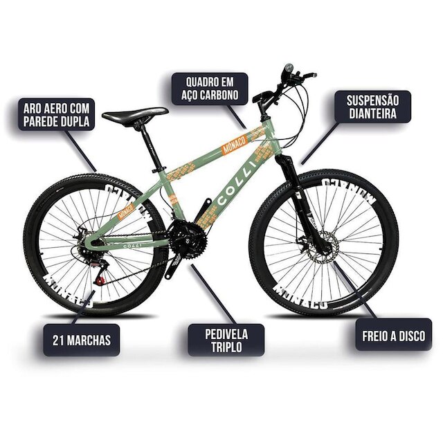 Bicicleta Aro 26" Colli Mônaco Freio a Disco de Aço 21 Marchas