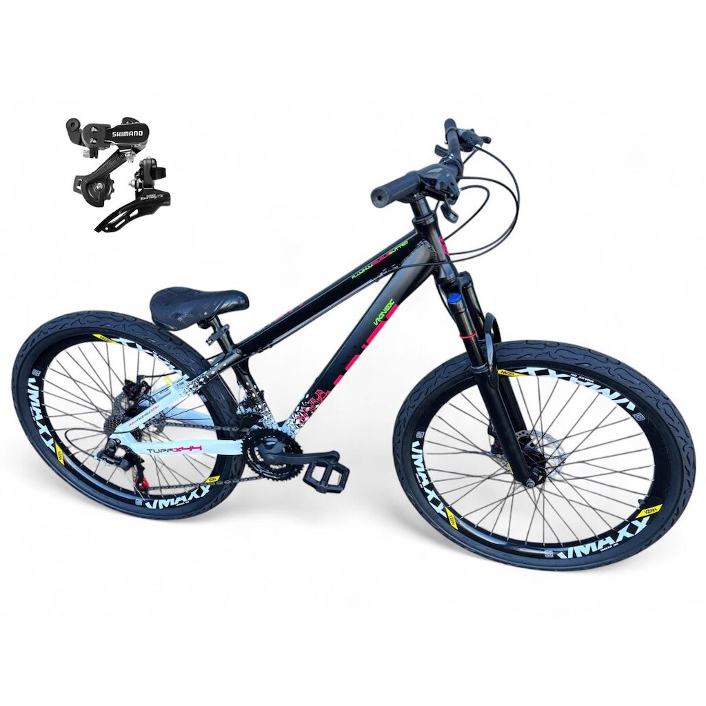 Bicicleta Aro 26 Vikingx Tuff Freeride Câmbios Shimano 21v Aros Vmaxx DH Freio a Disco Pneu Flame