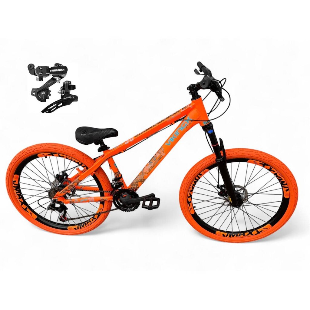 Bicicleta Aro 26 Vikingx Tuff Freeride Câmbios Shimano 21v Aros Vmaxx DH Freio a Disco Pneu Flame