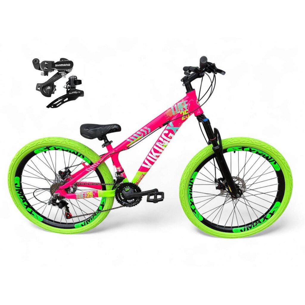 Bicicleta Aro 26 Vikingx Tuff Freeride Câmbios Shimano 21v Aros Vmaxx DH Freio a Disco Pneu Flame