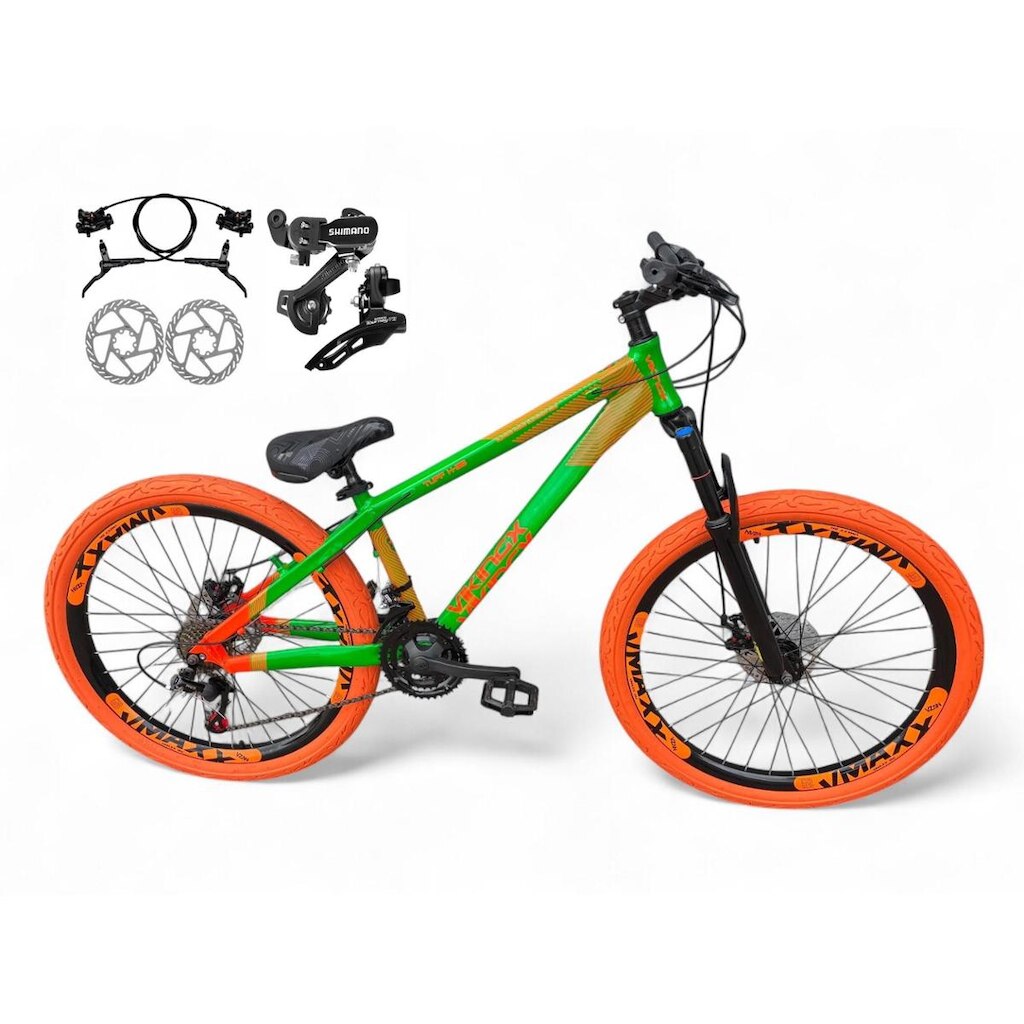 Bicicleta Aro 26 Vikingx Tuff Freeride Câmbios Shimano 21v Freio Hidráulico Aros Vmaxx DH Pneu Flame