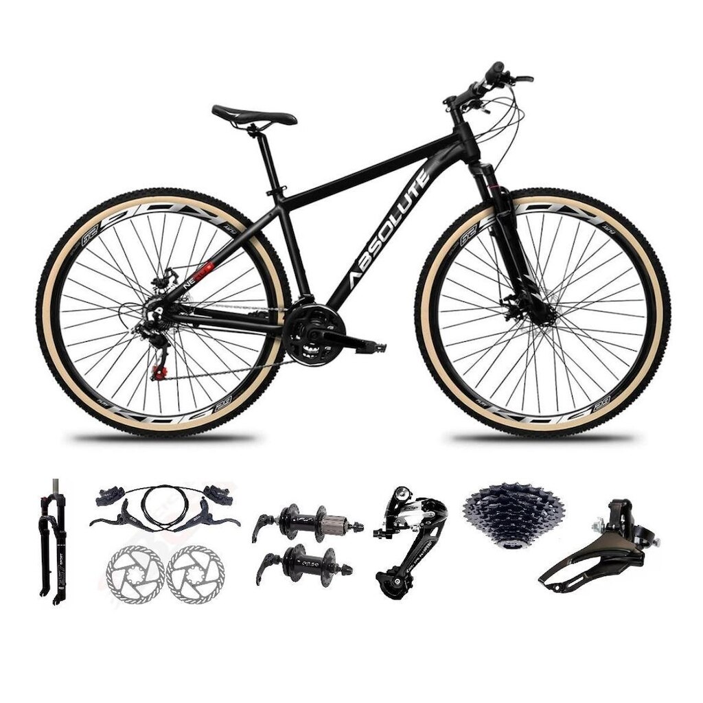 Bicicleta Aro 29 Absolute Nero 4 Kit 27v K7 Freio Hidráulico 3x9 Suspensão 100mm Trava Pneu Faixa