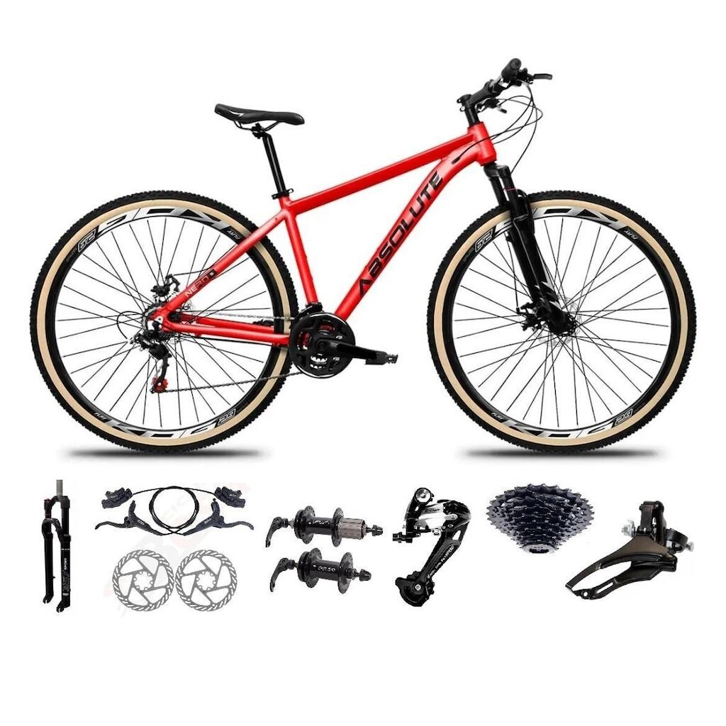 Bicicleta Aro 29 Absolute Nero 4 Kit 27v K7 Freio Hidráulico 3x9 Suspensão 100mm Trava Pneu Faixa