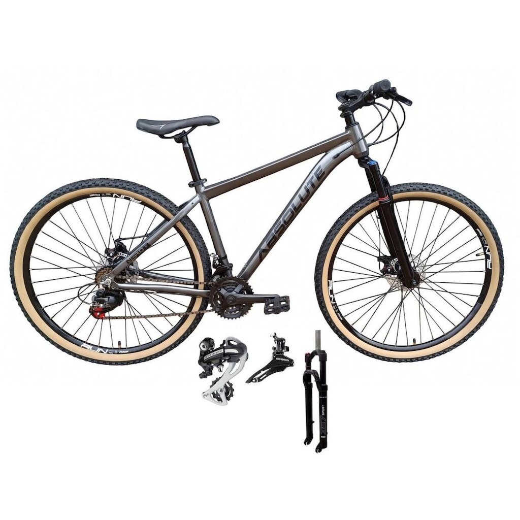 Bicicleta Aro 29 Absolute Nero 5 Câmbio Shimano Acera K7 Garfo com Trava Freio Disco Pneu Faixa 24v
