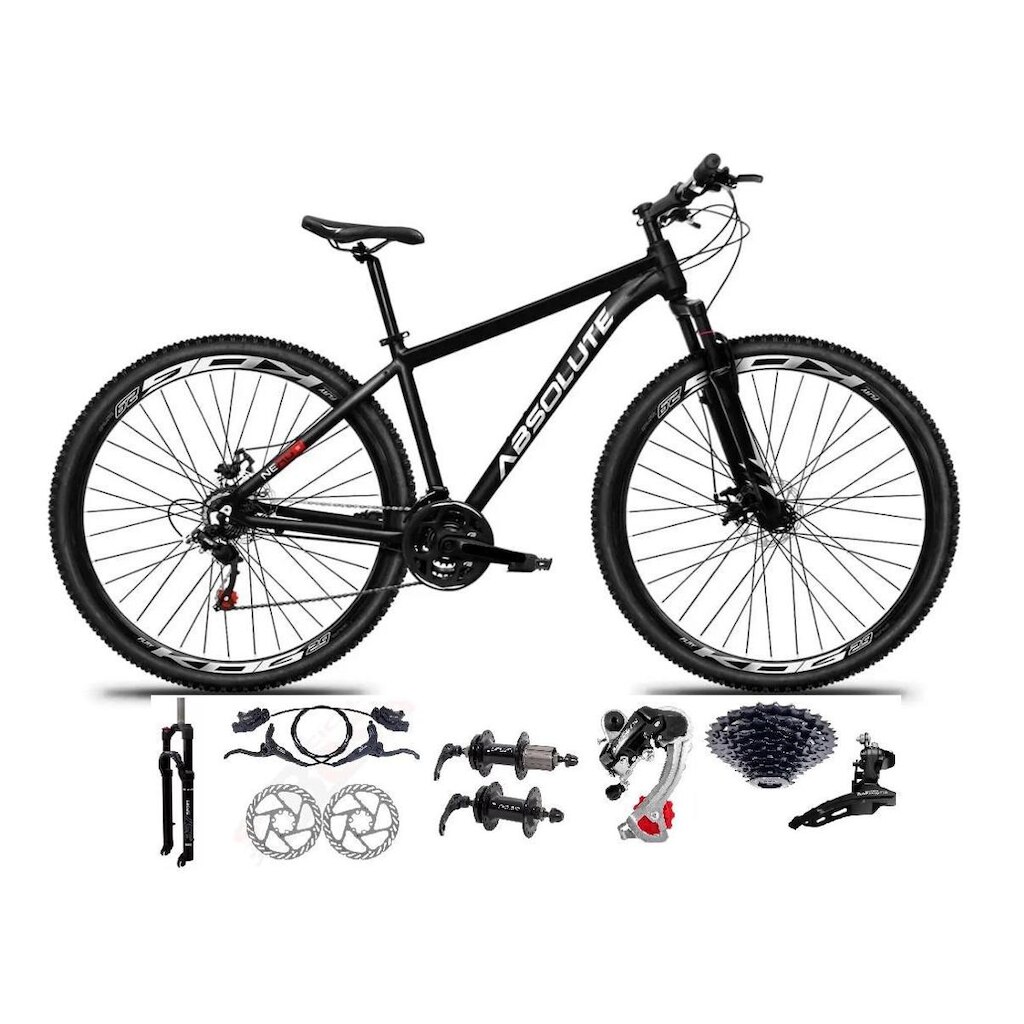 Bicicleta Aro 29 Absolute Nero 5 Câmbios Shimano 24v K7 Freio Hidráulico Cabos Internos Susp. Trava