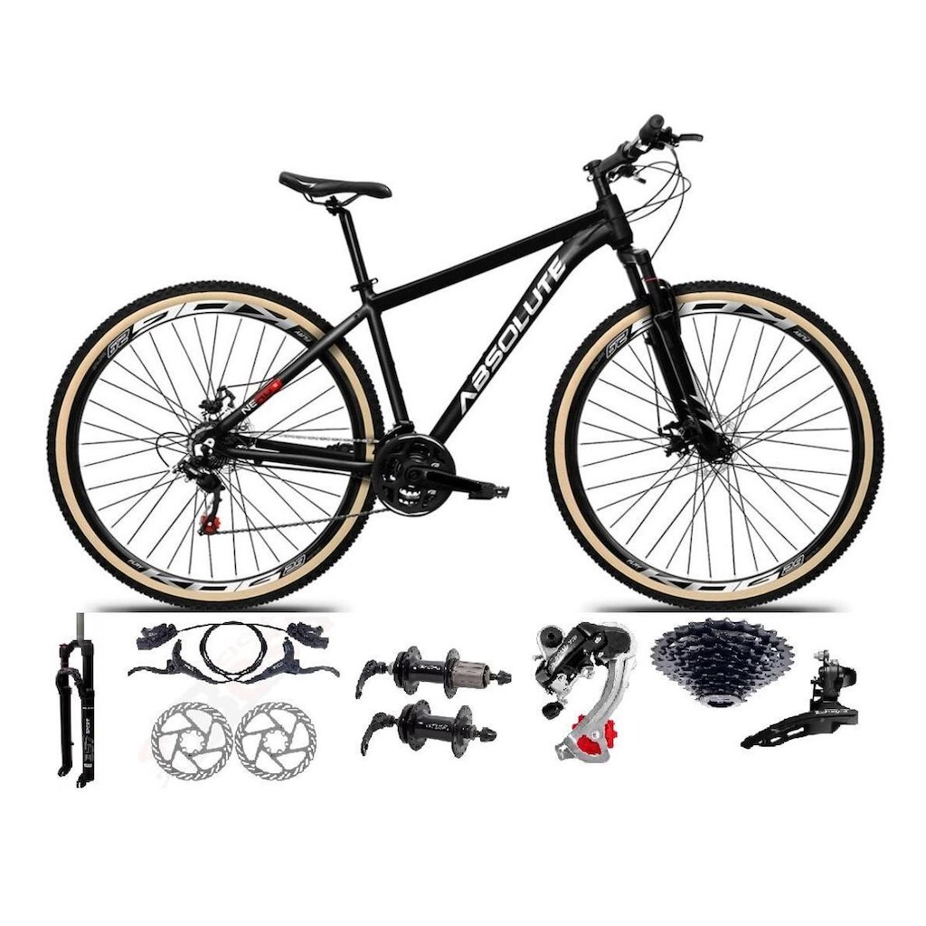 Bicicleta Aro 29 Absolute Nero 5 Câmbios Shimano 24v K7 Freio Hidráulico Susp.Trava Pneus com Faixa