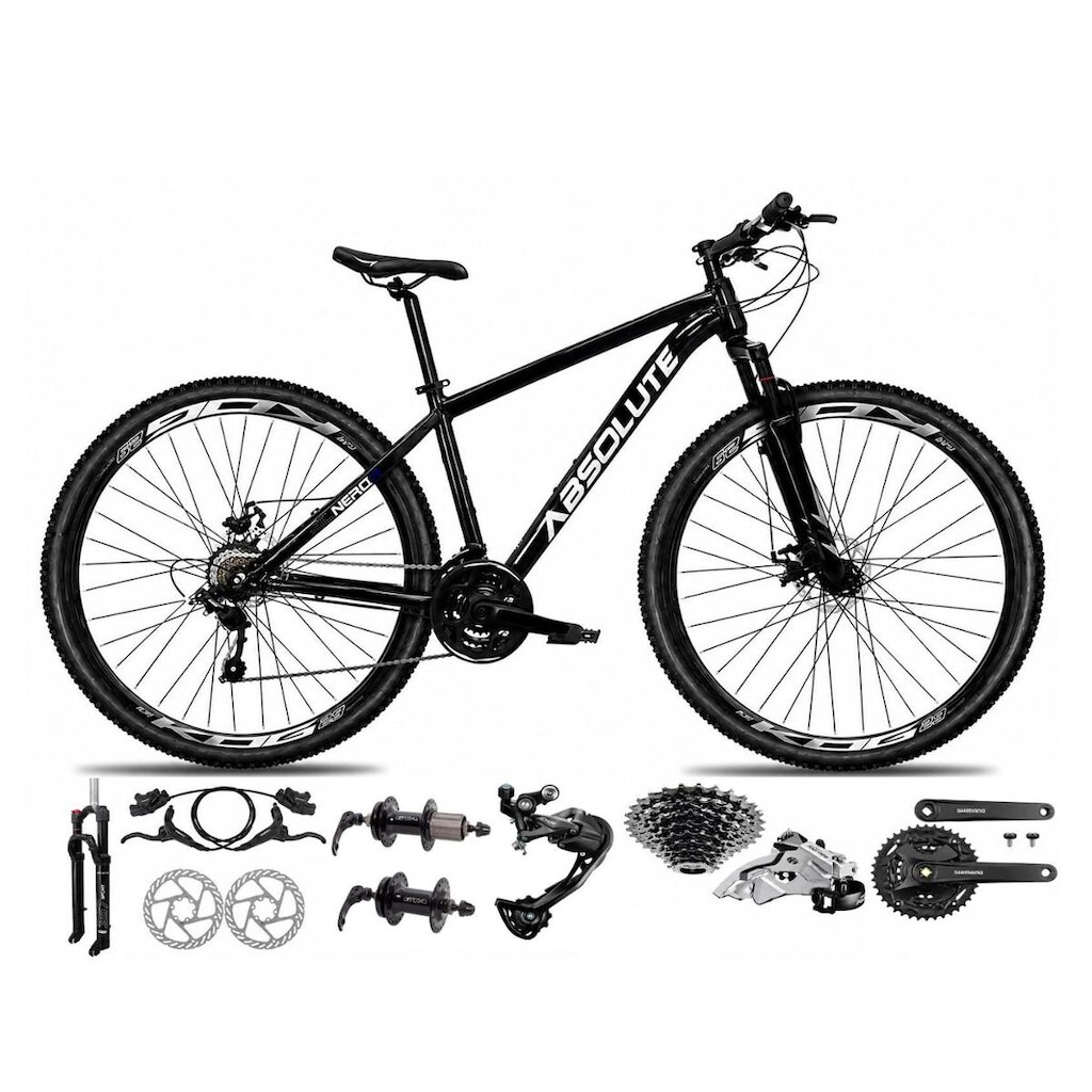 Bicicleta Aro 29 Absolute Nero 6 Câmbios Shimano Alívio e Altus Freio Hidráulico K7 27v Garfo Trava