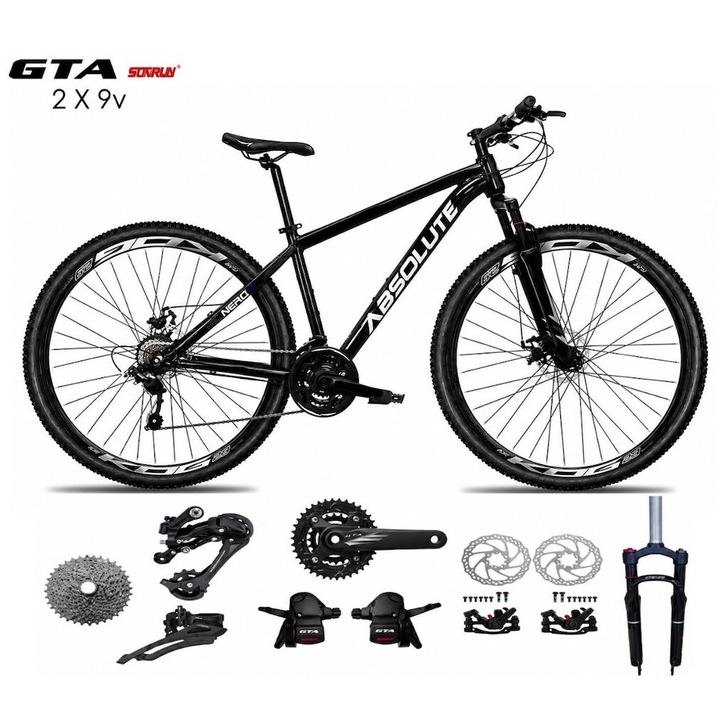 Bicicleta Aro 29 Absolute Nero 6 K7 Kit 2x9 Gta Sunrun Freio a Disco Garfo com Trava Mountain Bike