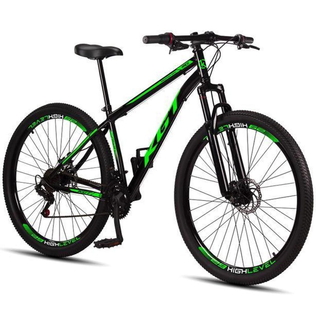 Bicicleta Aro 29 Aço Carbono KGT Freios Disco Suspensão 21v – Preto+verde Bicicleta Aro 29 Aço Carbono KGT Freios Disco Suspensão 21v – Preto+verde
