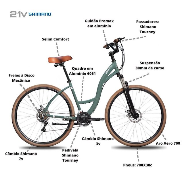 Bicicleta Aro 29 BLITZ Comodo Alum. Full Shimano 21v Freios a Disco com Suspensão