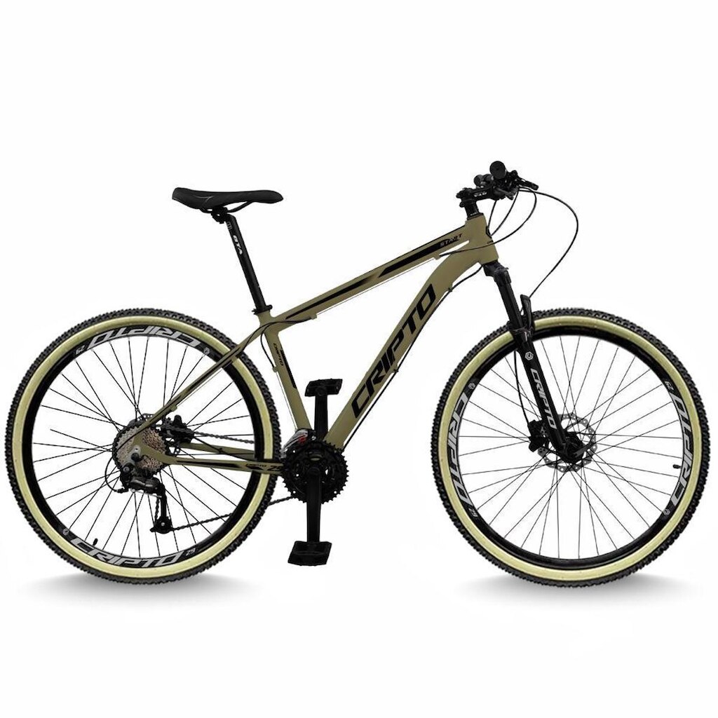 Bicicleta Aro 29 Cripto 24 Marchas Freios Disco e Suspensão Pneu Bege