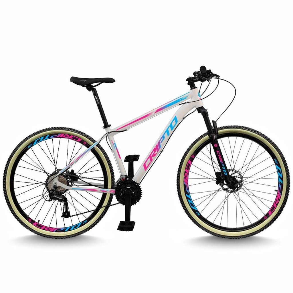 Bicicleta Aro 29 Cripto 24 Marchas Freios Disco e Suspensão Pneu Bege
