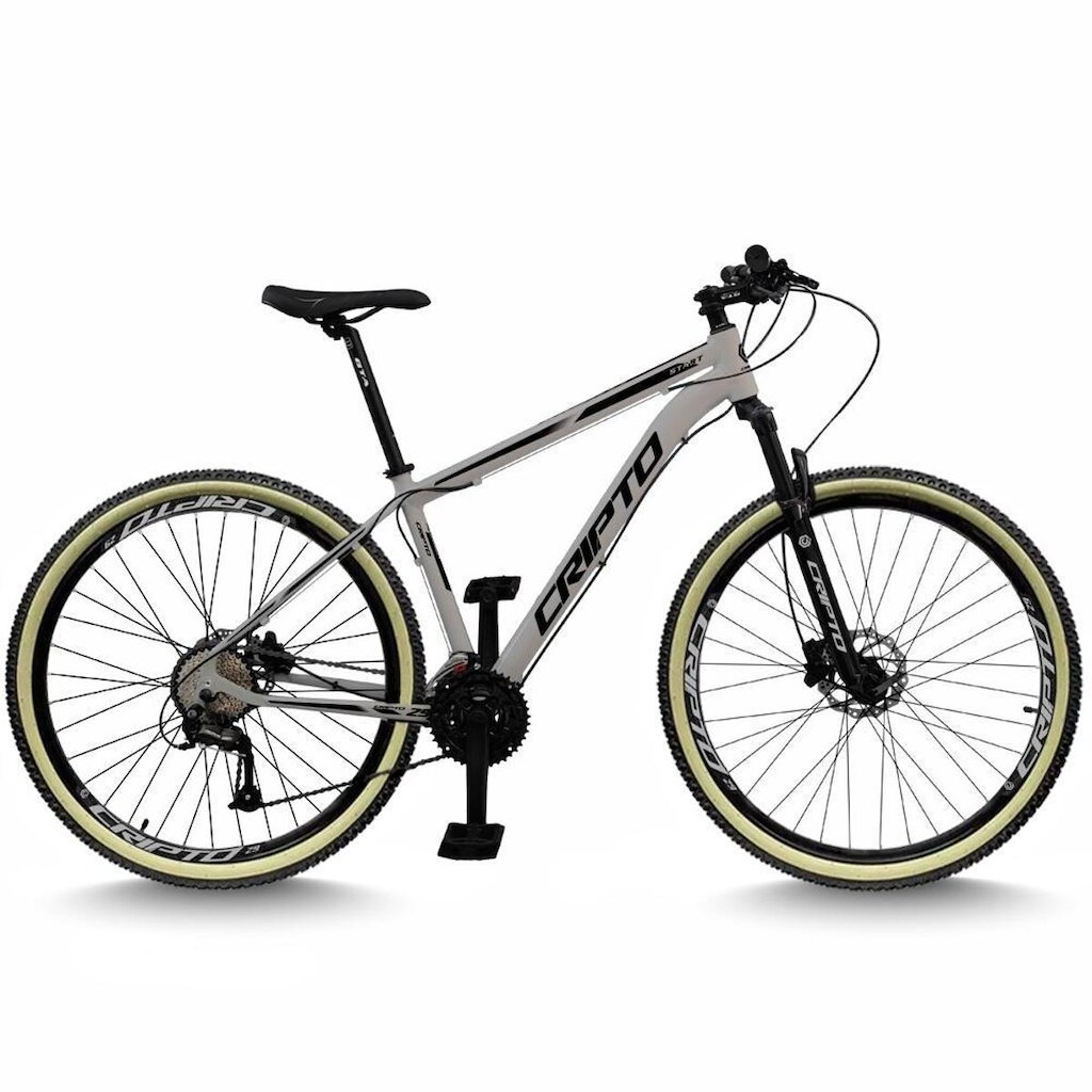 Bicicleta Aro 29 Cripto 24 Marchas Freios Disco e Suspensão Pneu Bege