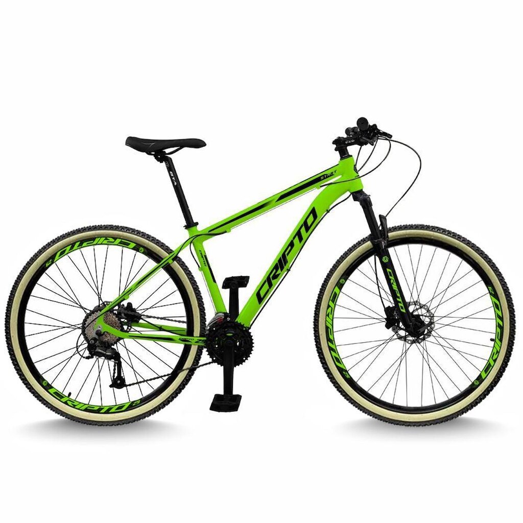 Bicicleta Aro 29 Cripto 24 Marchas Freios Disco e Suspensão Pneu Bege