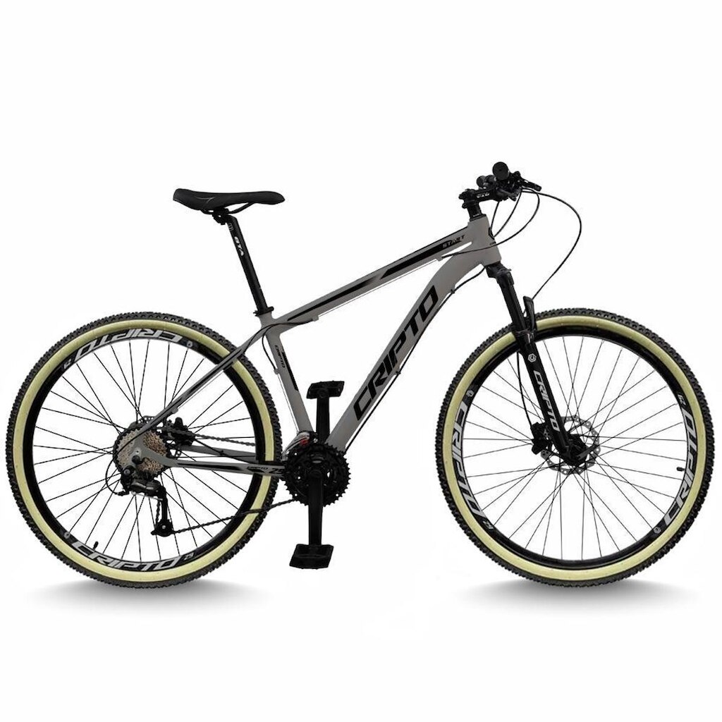 Bicicleta Aro 29 Cripto 24 Marchas Freios Disco e Suspensão Pneu Bege