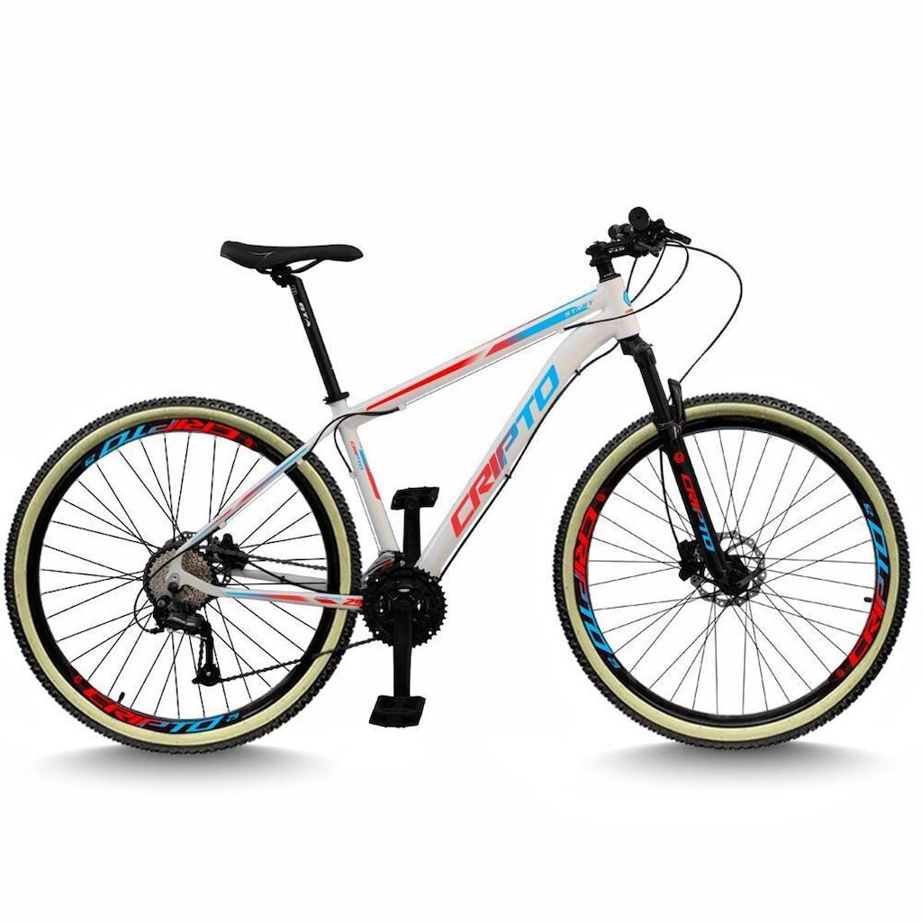 Bicicleta Aro 29 Cripto 24 Marchas Freios Disco e Suspensão Pneu Bege