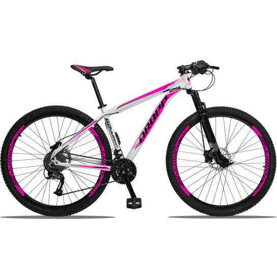 Bicicleta Aro 29 Dropp Aluminum Câmbio Traseiro Altus Shimano 27 Marchas Freio a Disco Hidráulico - Branco+Rosa Menor preço em Bicicleta Aro 29 Dropp Aluminum Câmbio Traseiro Altus Shimano 27 Marchas Freio a Disco Hidráulico - Branco+Rosa