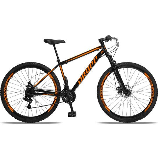 Bicicleta Aro 29 DROPP Sport AÇO 21v Câmbio Shimano Freio a Disco Mecânico com Suspensão - Preto+Laranja
