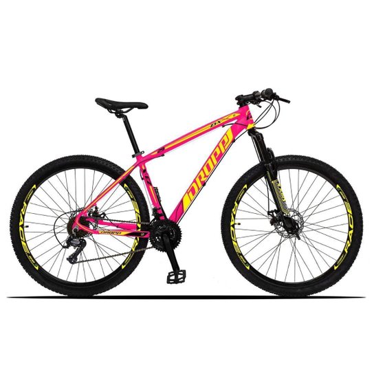 Bicicleta Aro 29 Dropp Z3-X 27V Freio Hidráulico Trava Ombro - Rosa+Amarelo Menor preço em Bicicleta Aro 29 Dropp Z3-X 27V Freio Hidráulico Trava Ombro - Rosa+Amarelo