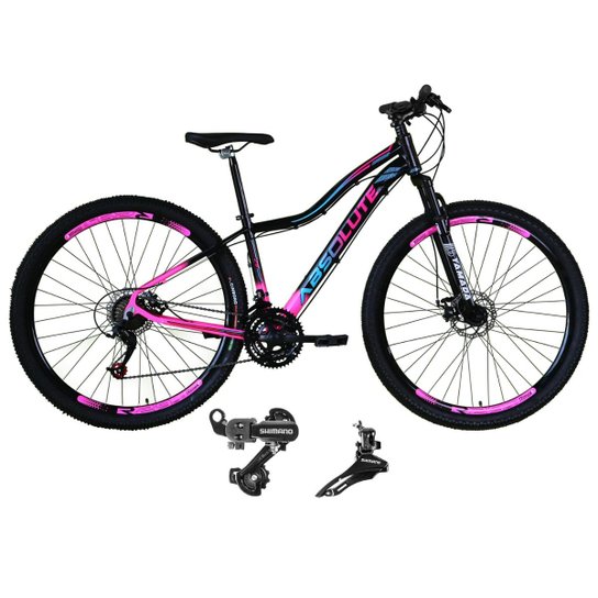 Bicicleta Aro 29 Feminina Absolute Hera Alumínio 21v Câmbios Shimano Freio a Disco Suspensão Diant. - Preto+Rosa Menor preço em Bicicleta Aro 29 Feminina Absolute Hera Alumínio 21v Câmbios Shimano Freio a Disco Suspensão Diant. - Preto+Rosa