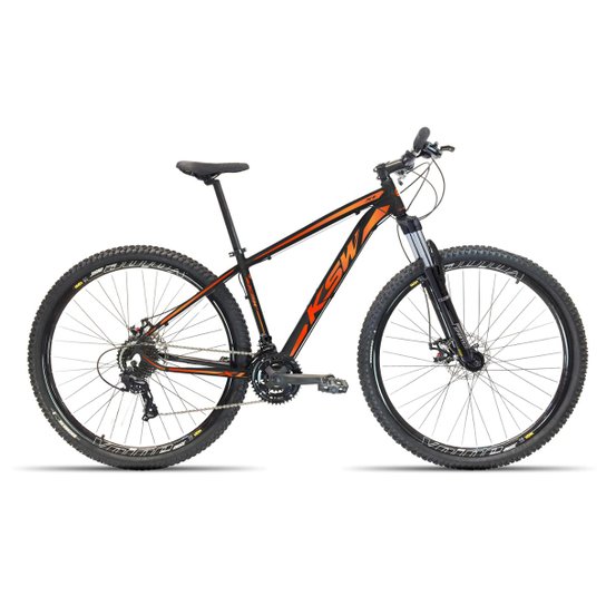 Bicicleta Aro 29 KSW 24V Kit Shimano K7 Freio Hidráulico Suspensão Trava - Preto e Laranja Menor preço em Bicicleta Aro 29 KSW 24V Kit Shimano K7 Freio Hidráulico Suspensão Trava - Preto e Laranja