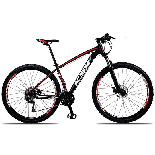 Bicicleta Aro 29 KSW XLT 27v Câmbios Shimano Deore M592 Freio a Disco Hidráulico com Trava - Preto e Vermelho Menor preço em Bicicleta Aro 29 KSW XLT 27v Câmbios Shimano Deore M592 Freio a Disco Hidráulico com Trava - Preto e Vermelho
