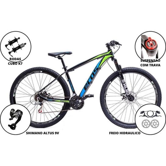 Bicicleta Aro 29 Mtb Ecos Aluminio 27 Marchas Cambio Shimano Altus Suspensao Com Trava Freios A Disc - Preto+Azul Menor preço em Bicicleta Aro 29 Mtb Ecos Aluminio 27 Marchas Cambio Shimano Altus Suspensao Com Trava Freios A Disc - Preto+Azul