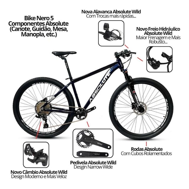 Bicicleta Aro 29 Nero 5 Peças Inteira Absolute 12v Garfo Trava k7 11/52 Freio a Disco Hidráulico