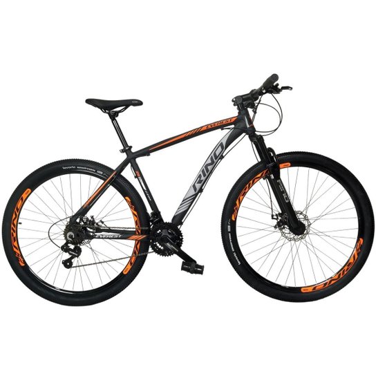 Bicicleta Aro 29 RINO EVEREST Freio a Disco - Cambios Shimano 2.0 - 21v - Preto+Laranja Menor preço em Bicicleta Aro 29 RINO EVEREST Freio a Disco - Cambios Shimano 2.0 - 21v - Preto+Laranja