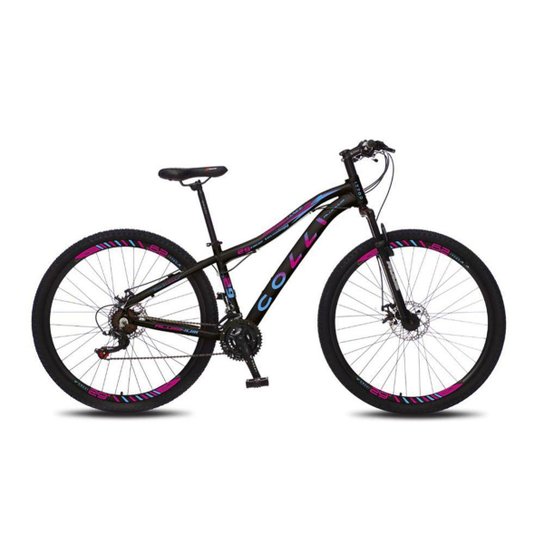 Bicicleta Colli Eudora em Alumínio Susp. Freio a Disco Cambio Shimano Preta/Rosa e Azul Aro 29 21V - Preto+Rosa Menor preço em Bicicleta Colli Eudora em Alumínio Susp. Freio a Disco Cambio Shimano Preta/Rosa e Azul Aro 29 21V - Preto+Rosa