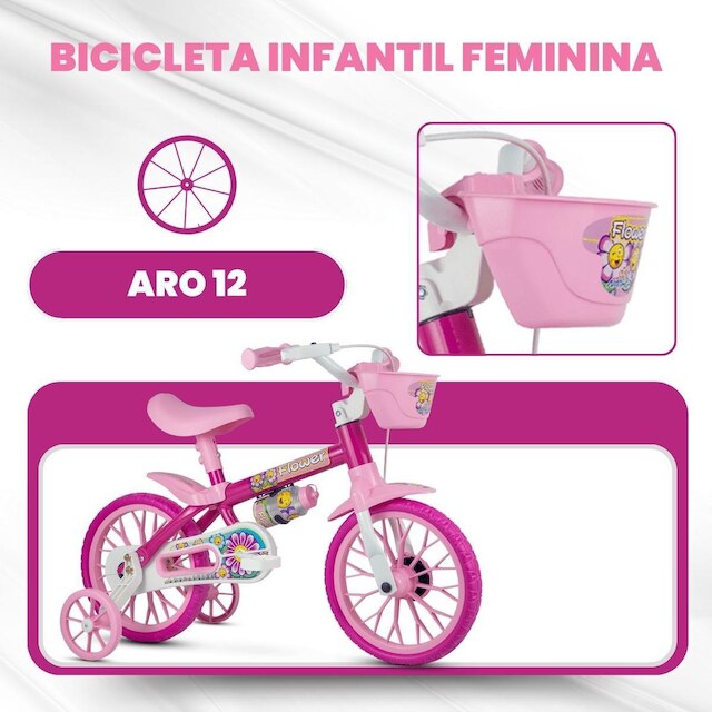 Bicicleta Infantil Aro 12 Com Rodinhas de Apoio e Garrafa Nathor