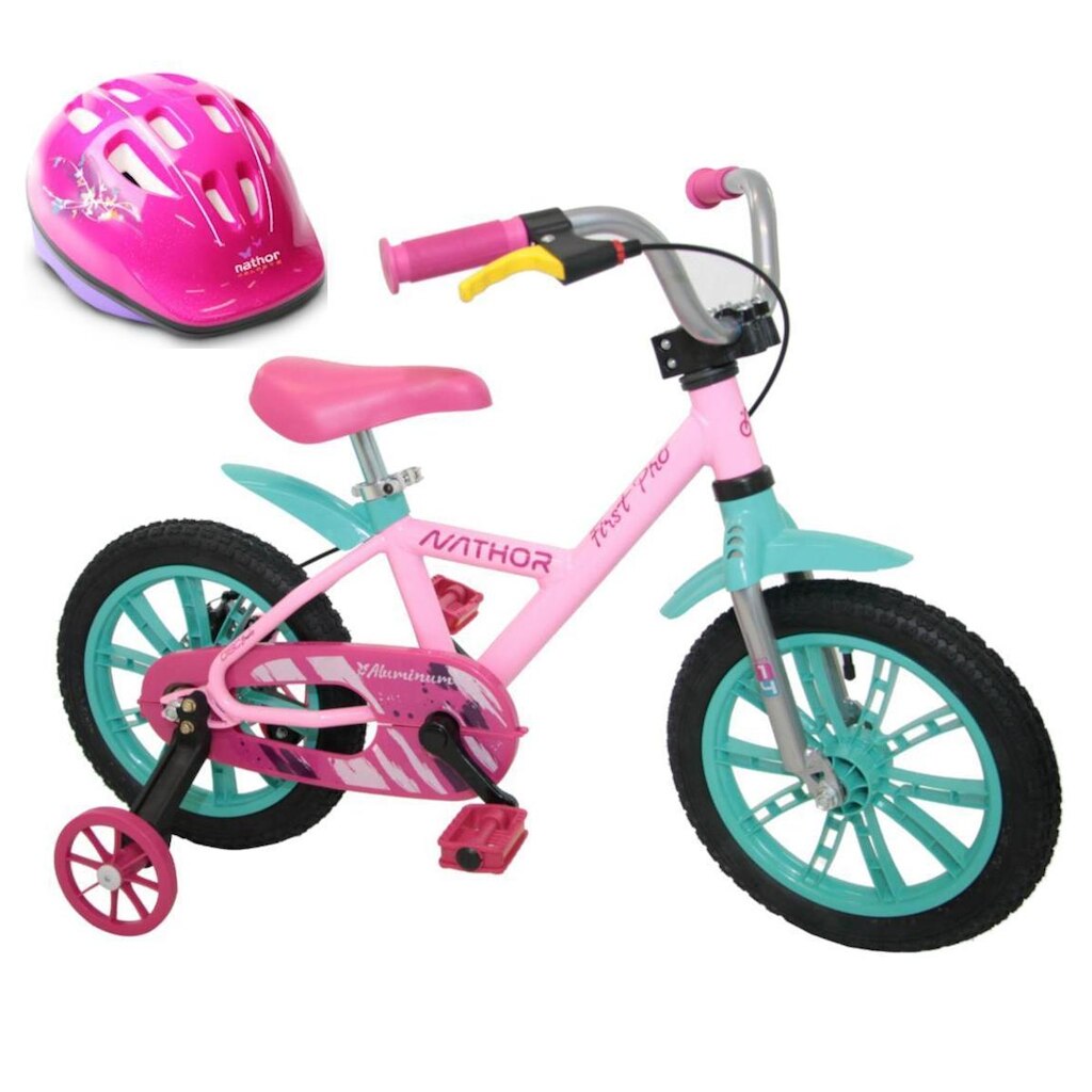Bicicleta Nathor Infantil de Alumínio Aro 14 Feminina FirstPro Com Capacete