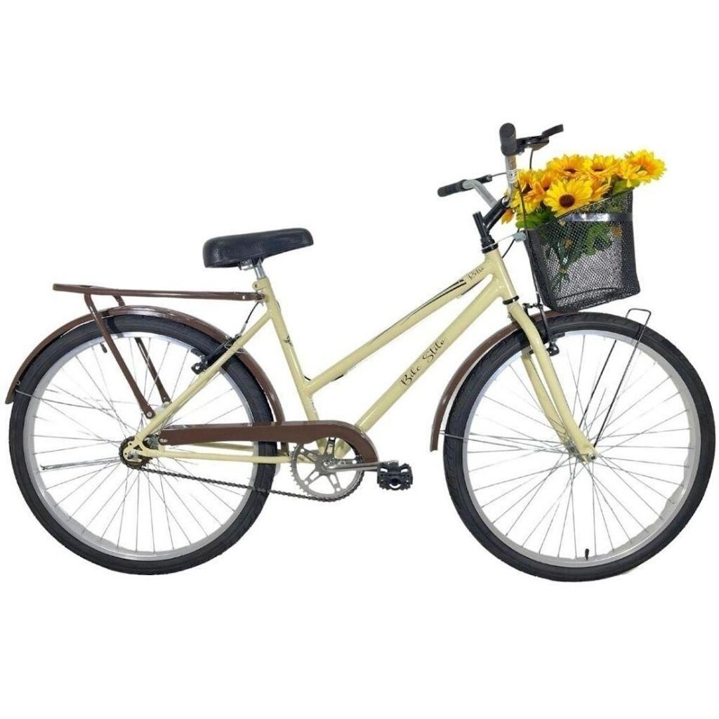 Bicicleta Retrô Aro 26 Freio V-Brake Cesta Bege / Marrom