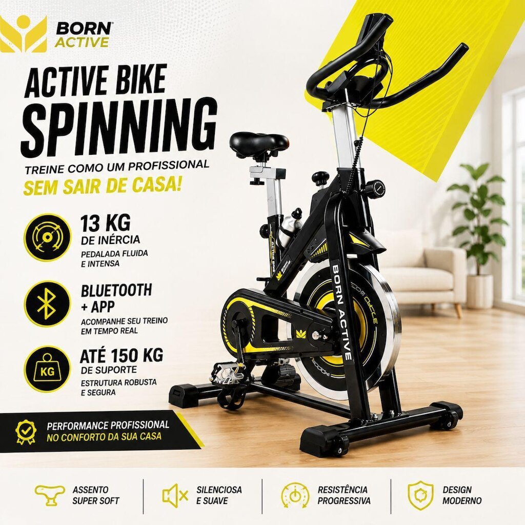 Bicicleta Spinning Active Pro Roda de Inércia 13 kg Banco Super Soft Silenciosa Portátil Born Active
