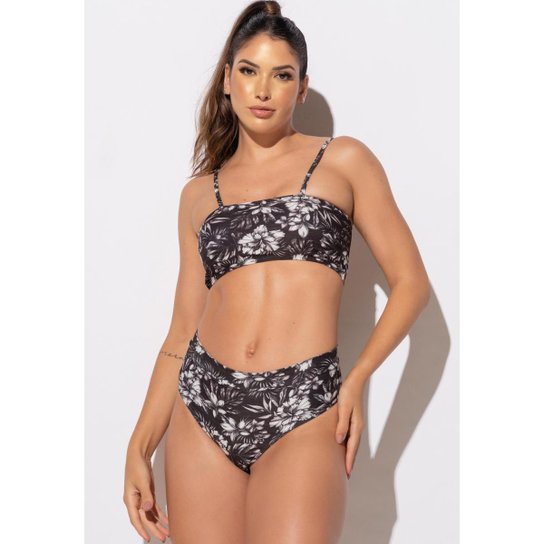 Biquíni Top Faixa Hot Pants Estampado Cintura Alta Cropped Mvb Modas - Preto+Branco Menor preço em Biquíni Top Faixa Hot Pants Estampado Cintura Alta Cropped Mvb Modas - Preto+Branco