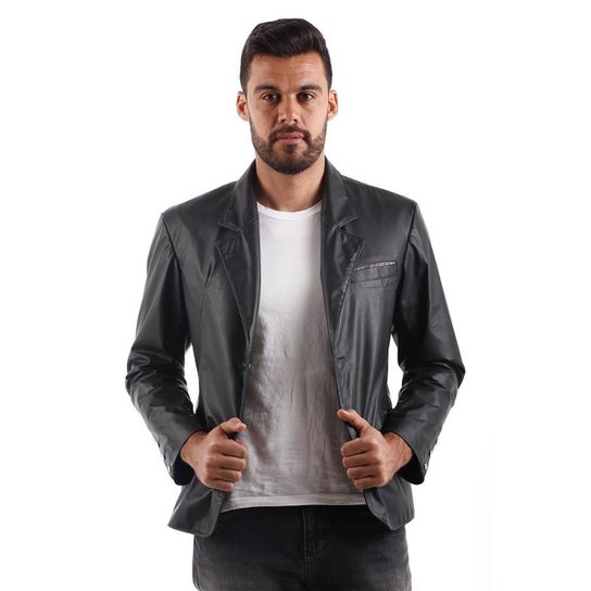 Blazer Casual Slim - Couro - Masculino - Preto - T024 - XG - Preto Menor preço em Blazer Casual Slim - Couro - Masculino - Preto - T024 - XG - Preto