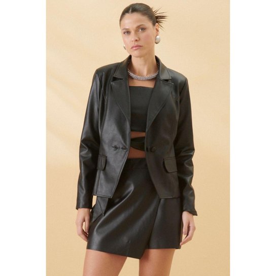 Blazer Couro Pu Com Botões Smk Preto