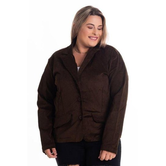 Blazer Feminino Plus Size Veludo Cotelê Elastano Fechamento Botão - Serena - Marrom Menor preço em Blazer Feminino Plus Size Veludo Cotelê Elastano Fechamento Botão - Serena - Marrom