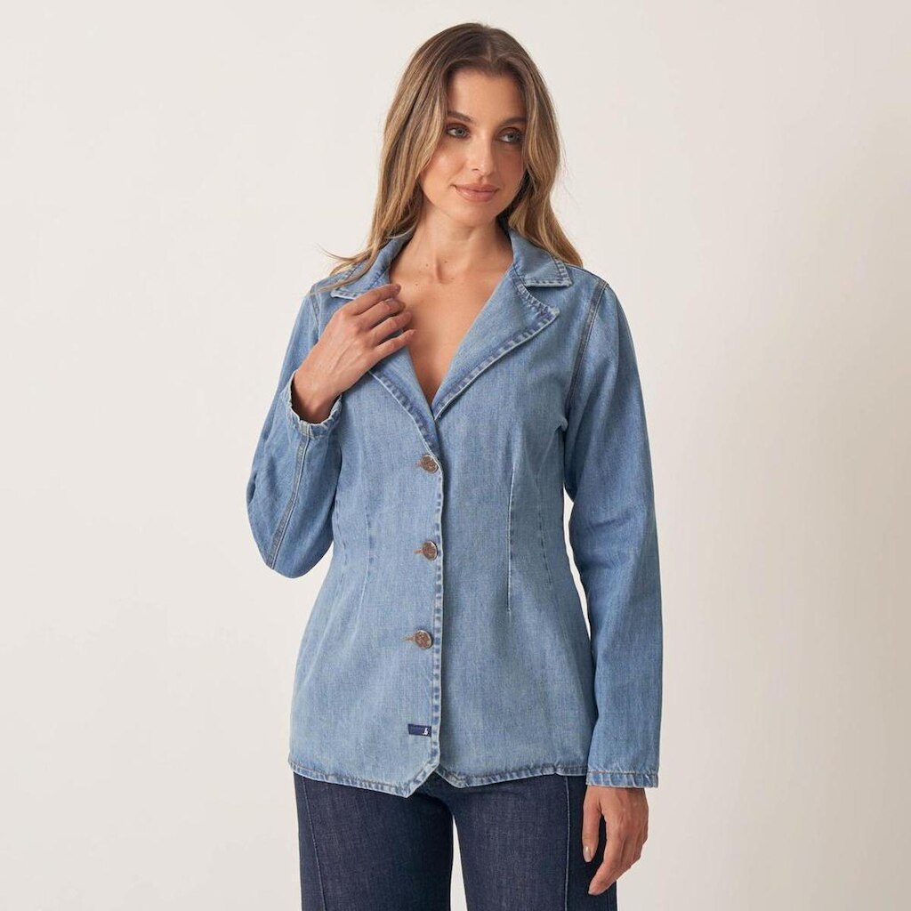 Blazer Jeans Acinturado Com Pences Feminino