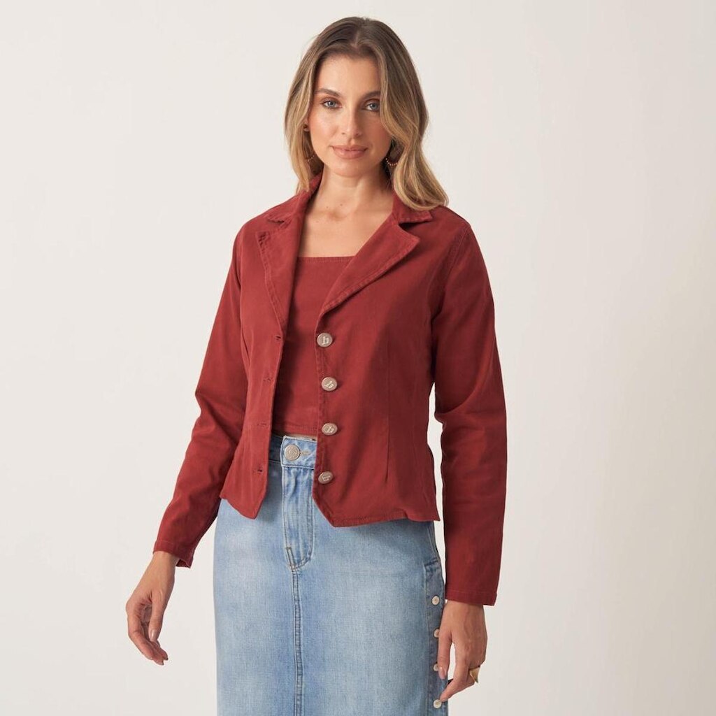 Blazer Jeans Confort Ajustado Pences Acinturado Feminino