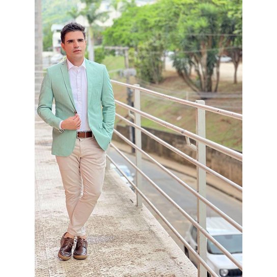 BLAZER MASCULINO VERDE CLARO SLIM FIT DE ALGODÃO E POLIÉSTER - Verde Menor preço em BLAZER MASCULINO VERDE CLARO SLIM FIT DE ALGODÃO E POLIÉSTER - Verde