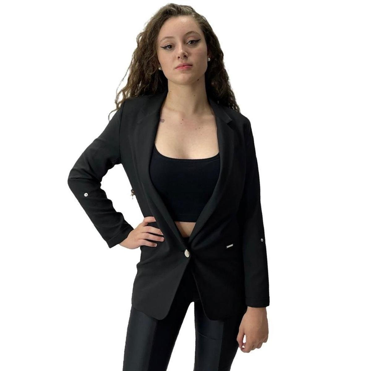 Blazer Trimix Long Alfaiataria Oversized Preto Netshoes