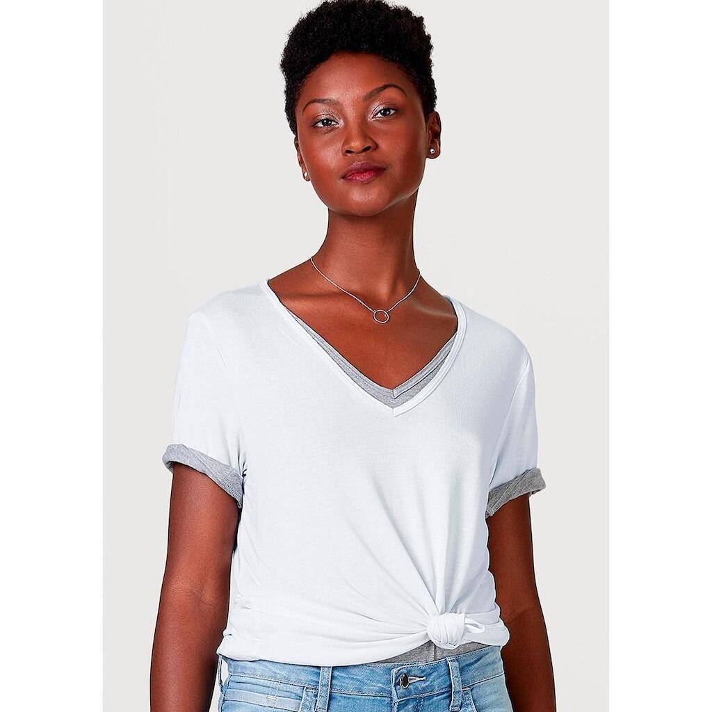 Blusa  Básica Decote V Com Elastano Feminina