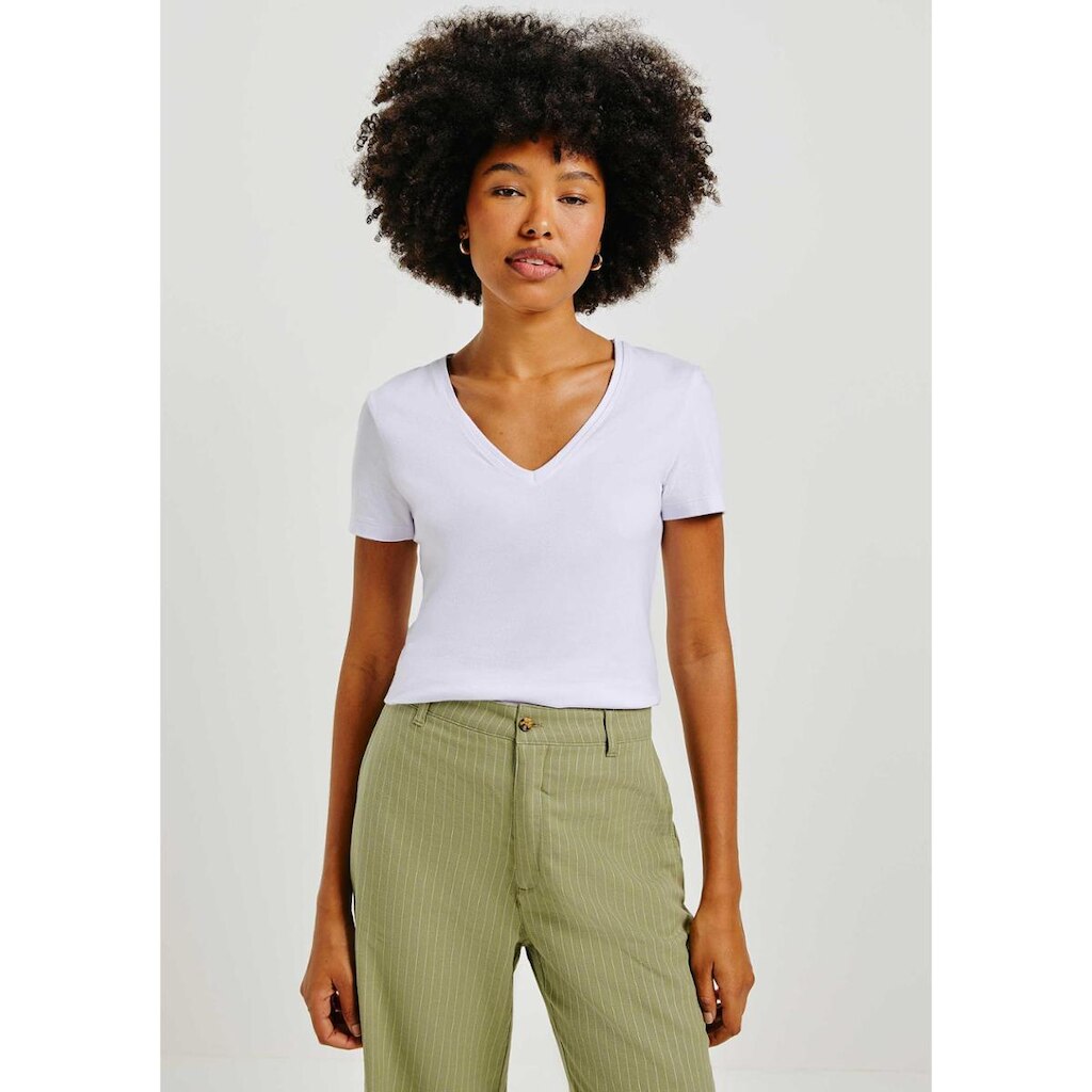 Blusa Básica Feminina Decote V Com Elastano - Azul M