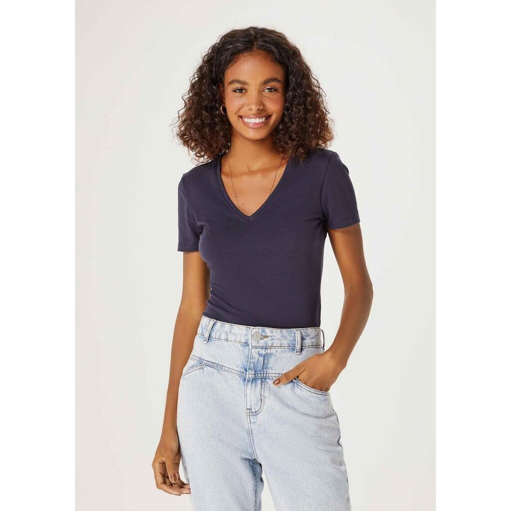 Blusa Básica Feminina Decote V Com Elastano - Azul M