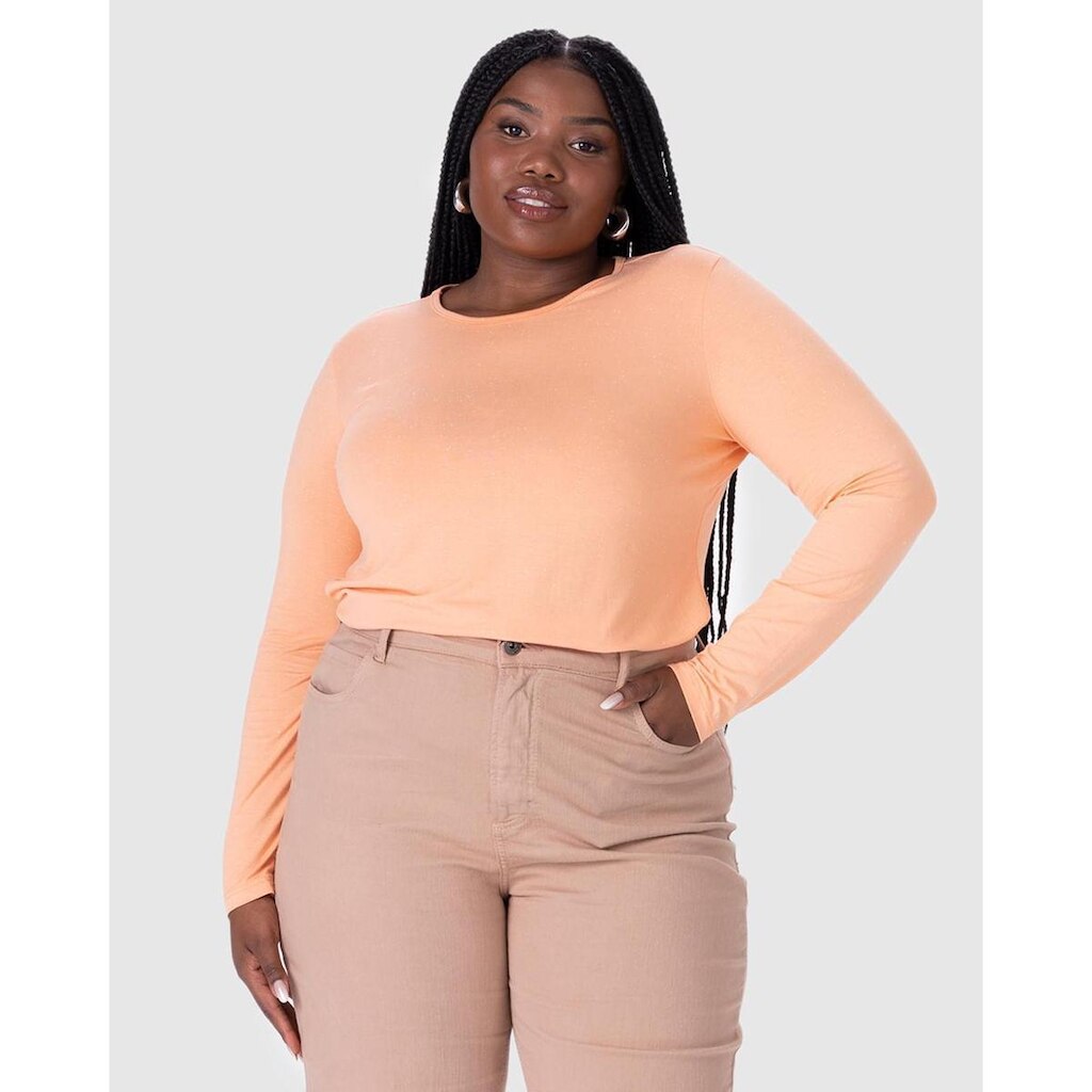 Blusa Básica Feminina Plus Size Manga Longa Em Viscose Botonê Stretch