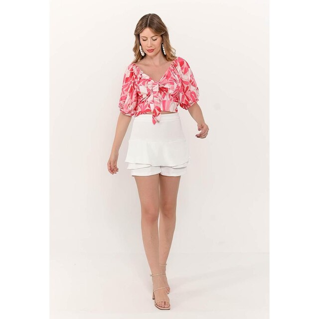 Blusa Bisô Amarração Estampa Floral Rosa