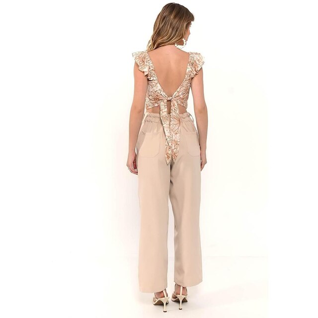 Blusa Bisô Croped Amarração Costas Floral Bege